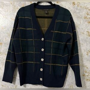 Tahari Plaid Cardigan with Pearl Buttons